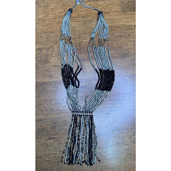 ORIGINAL BOX SIGNED HIMALAYAN GEMS BLACK, GOLD & SILVER BEAD TRIBAL NECKLACE - Picture 2 of 5